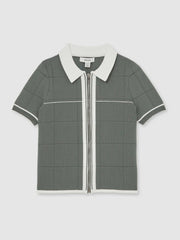 13-14 yrs Tipped Knit Zip-Through Shirt in Dark Sage Green