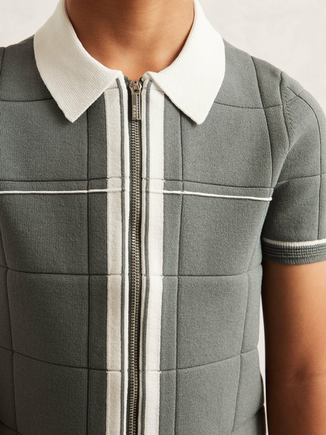13-14 yrs Tipped Knit Zip-Through Shirt in Dark Sage Green