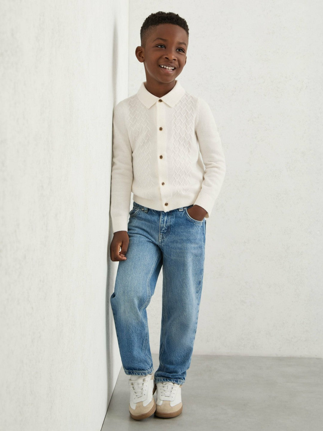 9-13 yrs Wool V-Stitch Button-Through Cardigan in Off White