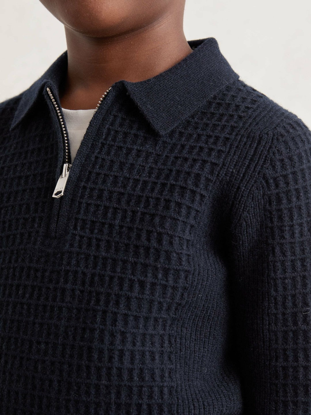 3-9 yrs Wool Waffle-Knit Half-Zip Polo Shirt in Navy Blue