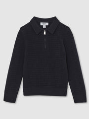 9-13 yrs Wool Waffle-Knit Half-Zip Polo Shirt in Navy Blue