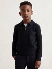 9-13 yrs Wool Waffle-Knit Half-Zip Polo Shirt in Navy Blue