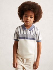 13-14 yrs Cotton Stripe Knit Half-Zip Polo Shirt in Off White/ Airforce Blue