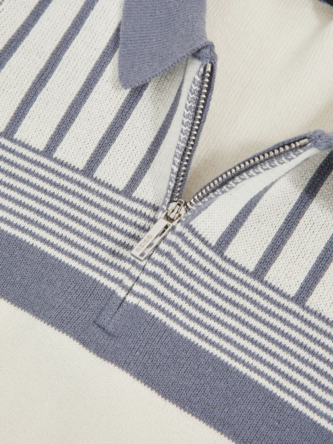 13-14 yrs Cotton Stripe Knit Half-Zip Polo Shirt in Off White/ Airforce Blue
