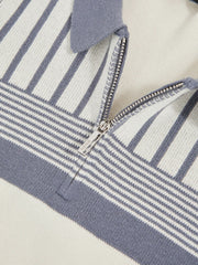 13-14 yrs Cotton Stripe Knit Half-Zip Polo Shirt in Off White/ Airforce Blue