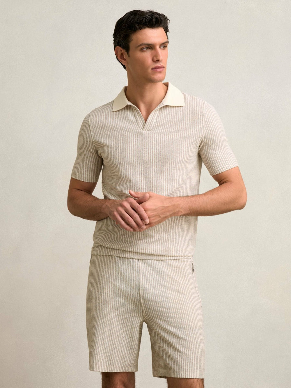 Cotton-Blend Stripe Drawstring Shorts in Ecru/Taupe Brown