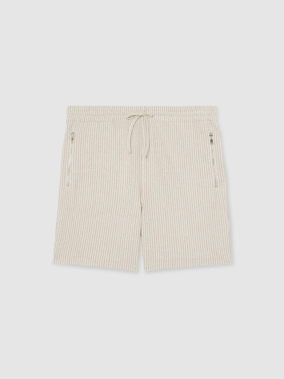 Cotton-Blend Stripe Drawstring Shorts in Ecru/Taupe Brown