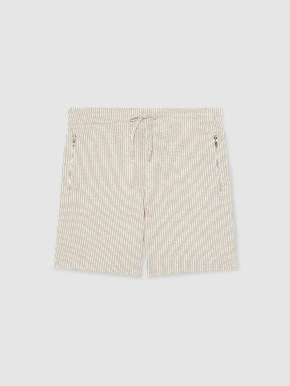 Cotton-Blend Stripe Drawstring Shorts in Ecru/Taupe Brown