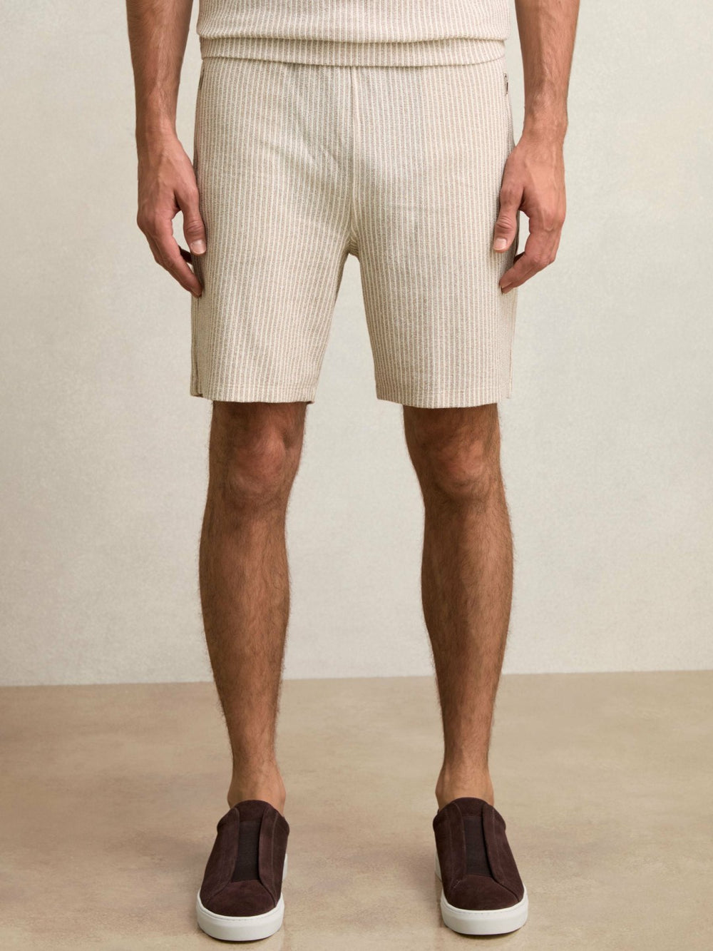 Cotton-Blend Stripe Drawstring Shorts in Ecru/Taupe Brown