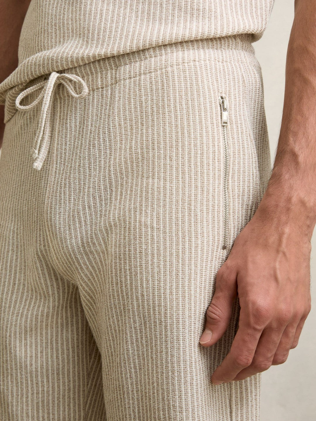 Cotton-Blend Stripe Drawstring Shorts in Ecru/Taupe Brown