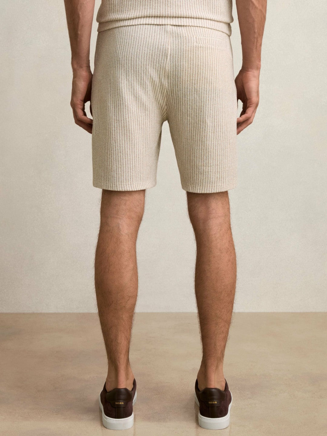 Cotton-Blend Stripe Drawstring Shorts in Ecru/Taupe Brown