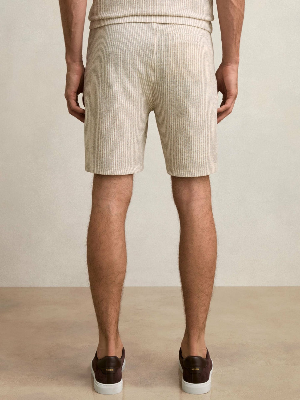Cotton-Blend Stripe Drawstring Shorts in Ecru/Taupe Brown