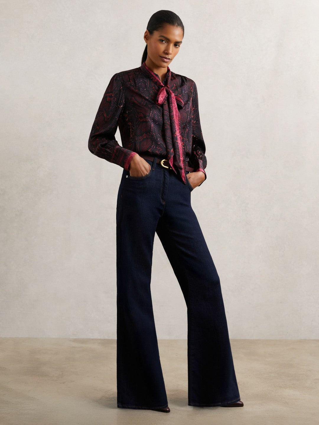 Snake-Print Tie-Neck Blouse in Burgundy
