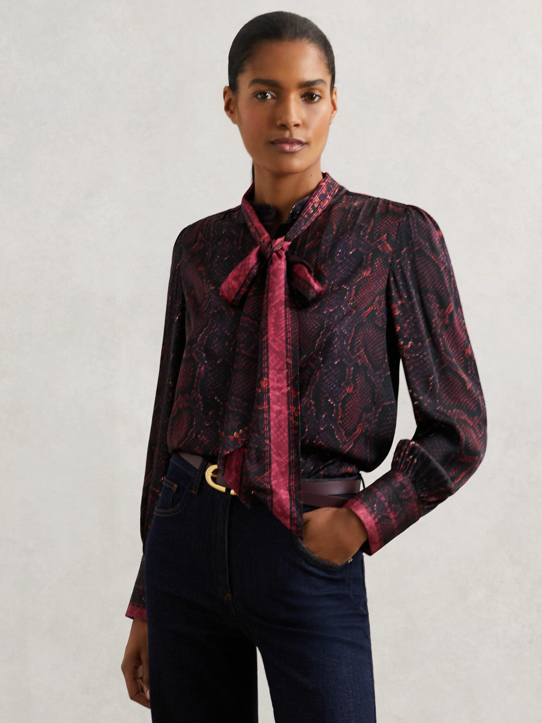 Snake-Print Tie-Neck Blouse in Burgundy