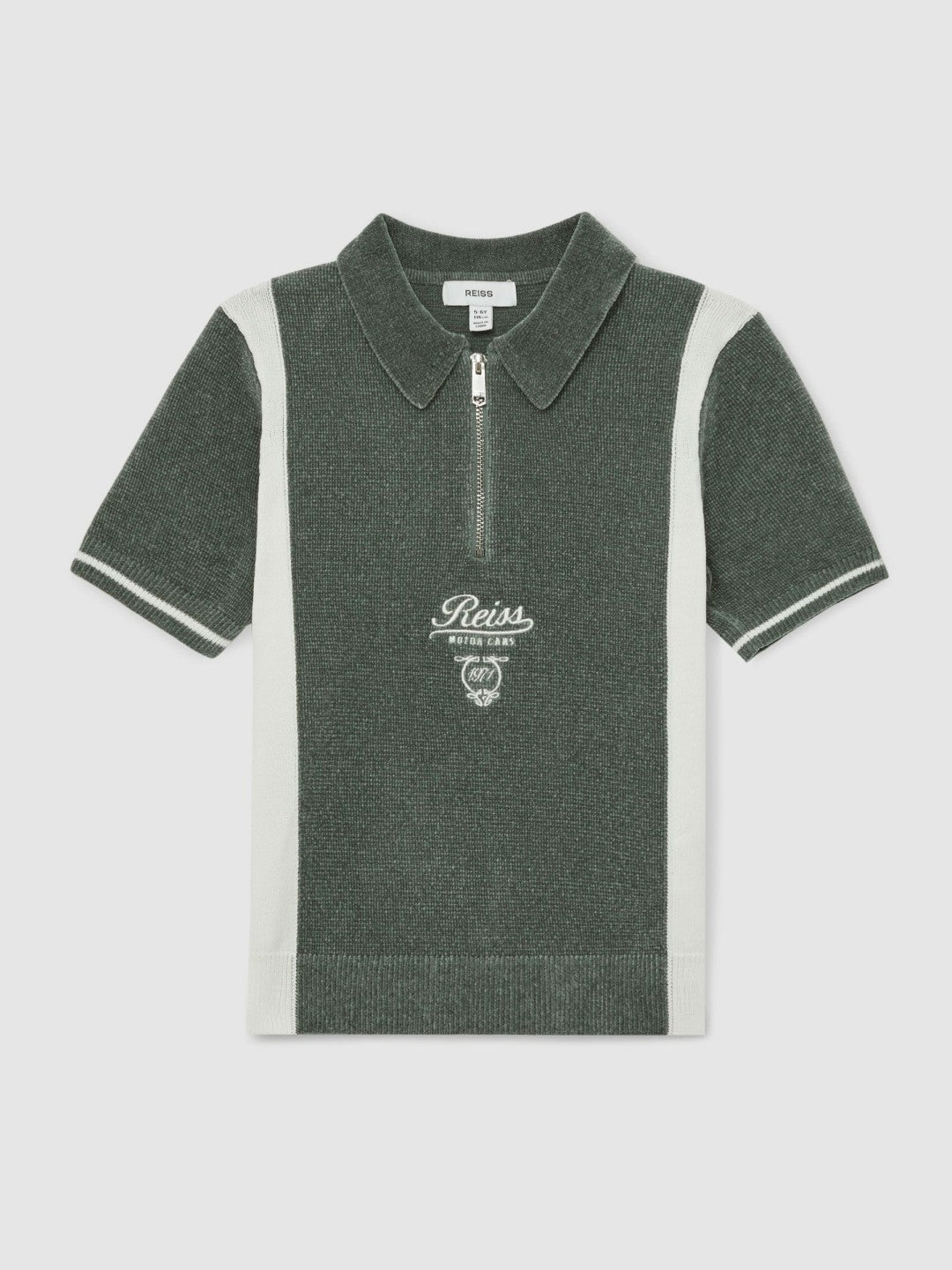 13-14 yrs Chenille Tipped Motor Cars Polo Shirt in Dark Sage Green/White
