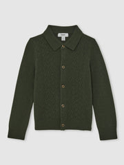 13-14 yrs Wool V-Stitch Button-Through Cardigan in Forest Green