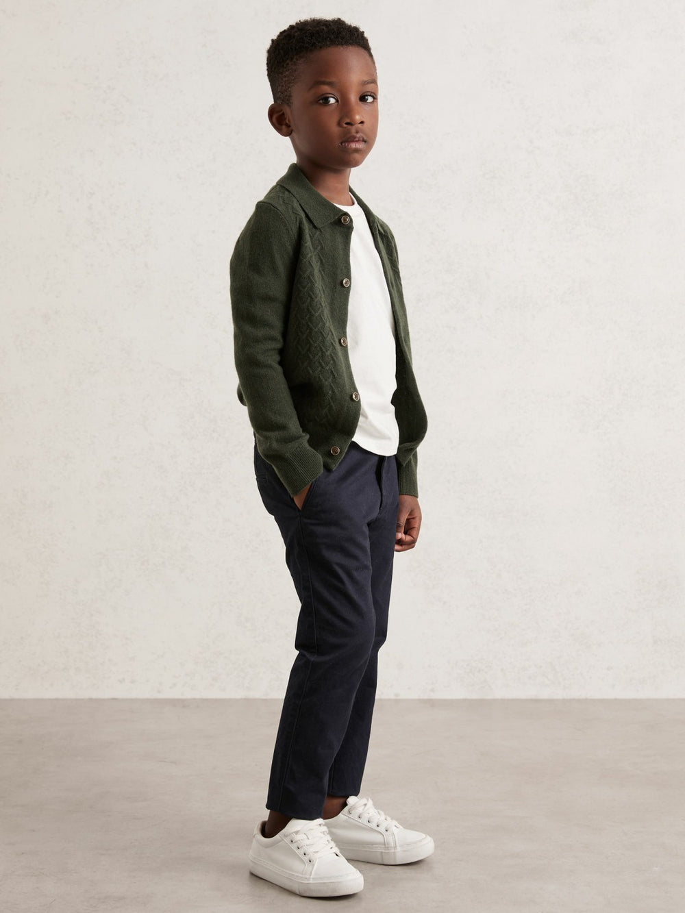 13-14 yrs Wool V-Stitch Button-Through Cardigan in Forest Green