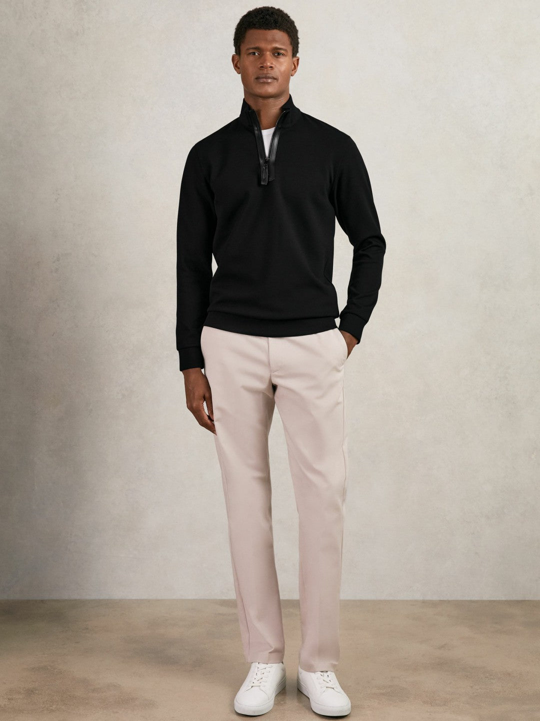 Leather-Placket Interlock Sweatshirt in Black
