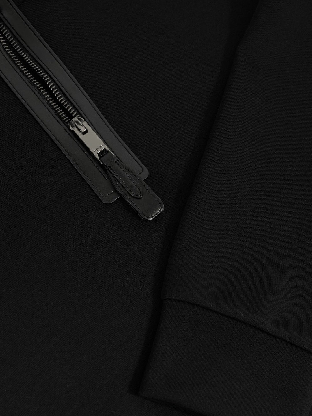 Leather-Placket Interlock Sweatshirt in Black