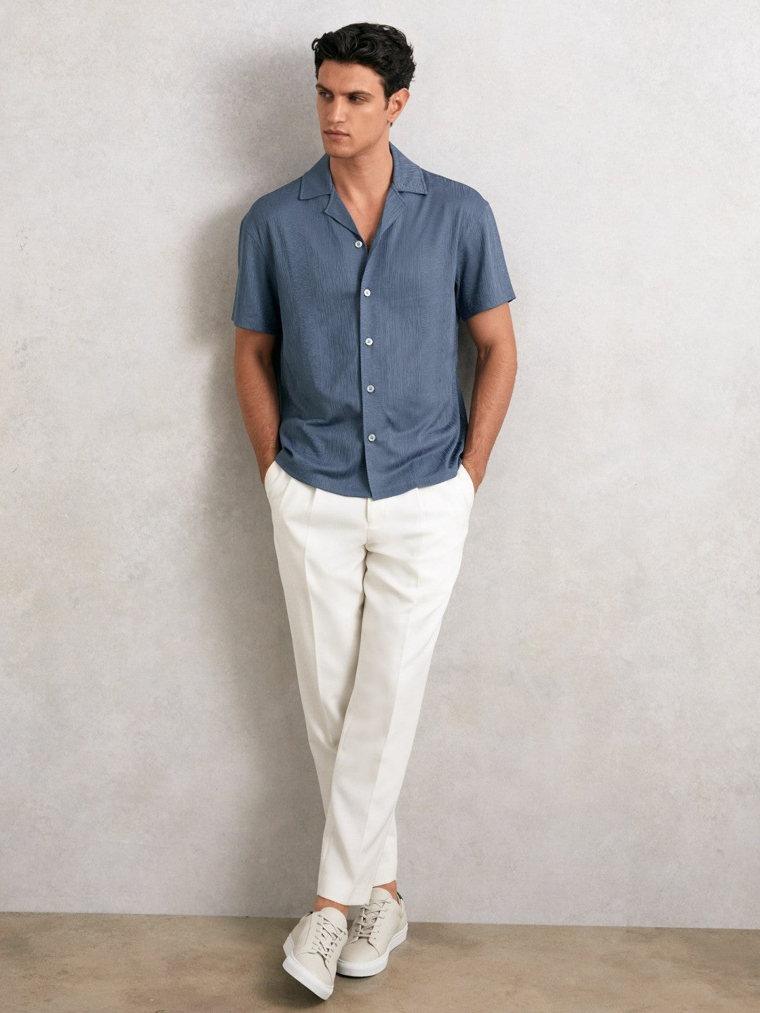 Jacquard-Stripe Cuban-Collar Shirt in Airforce Blue
