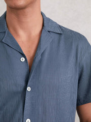 Jacquard-Stripe Cuban-Collar Shirt in Airforce Blue
