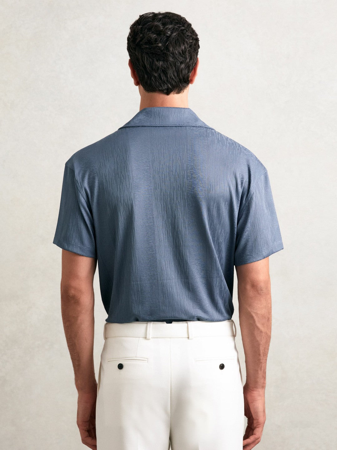 Jacquard-Stripe Cuban-Collar Shirt in Airforce Blue