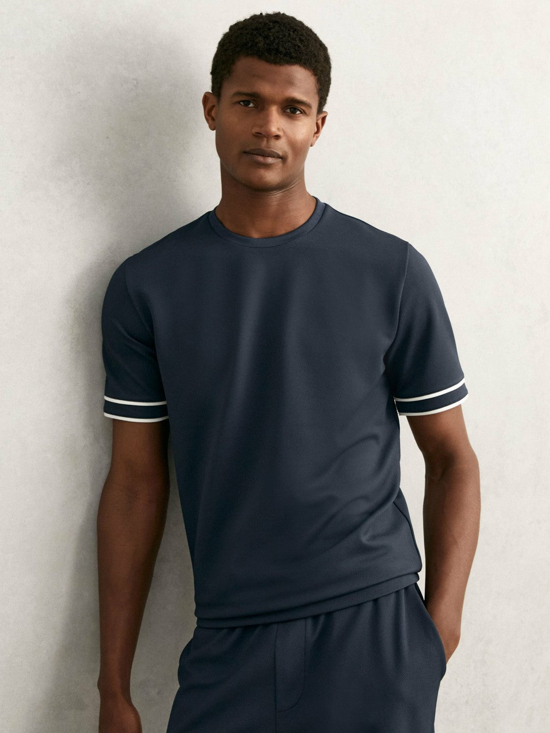 Textured Crew-Neck Tipped T-Shirt in Airforce Blue