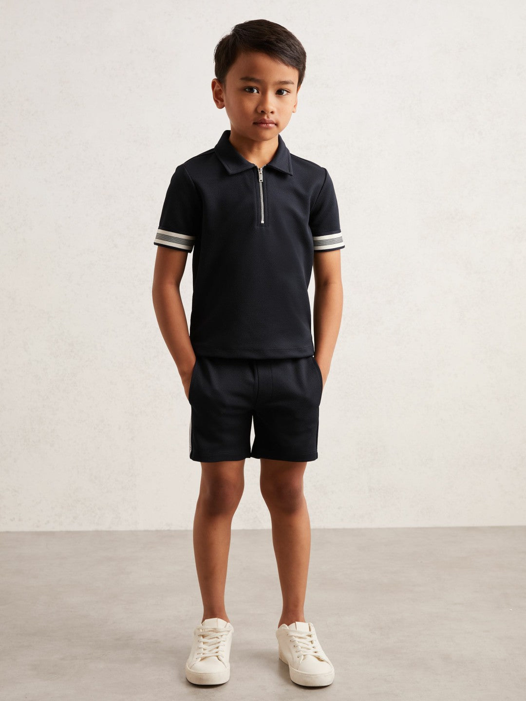 9-13 yrs Textured Half Zip Polo Shirt in Navy Blue