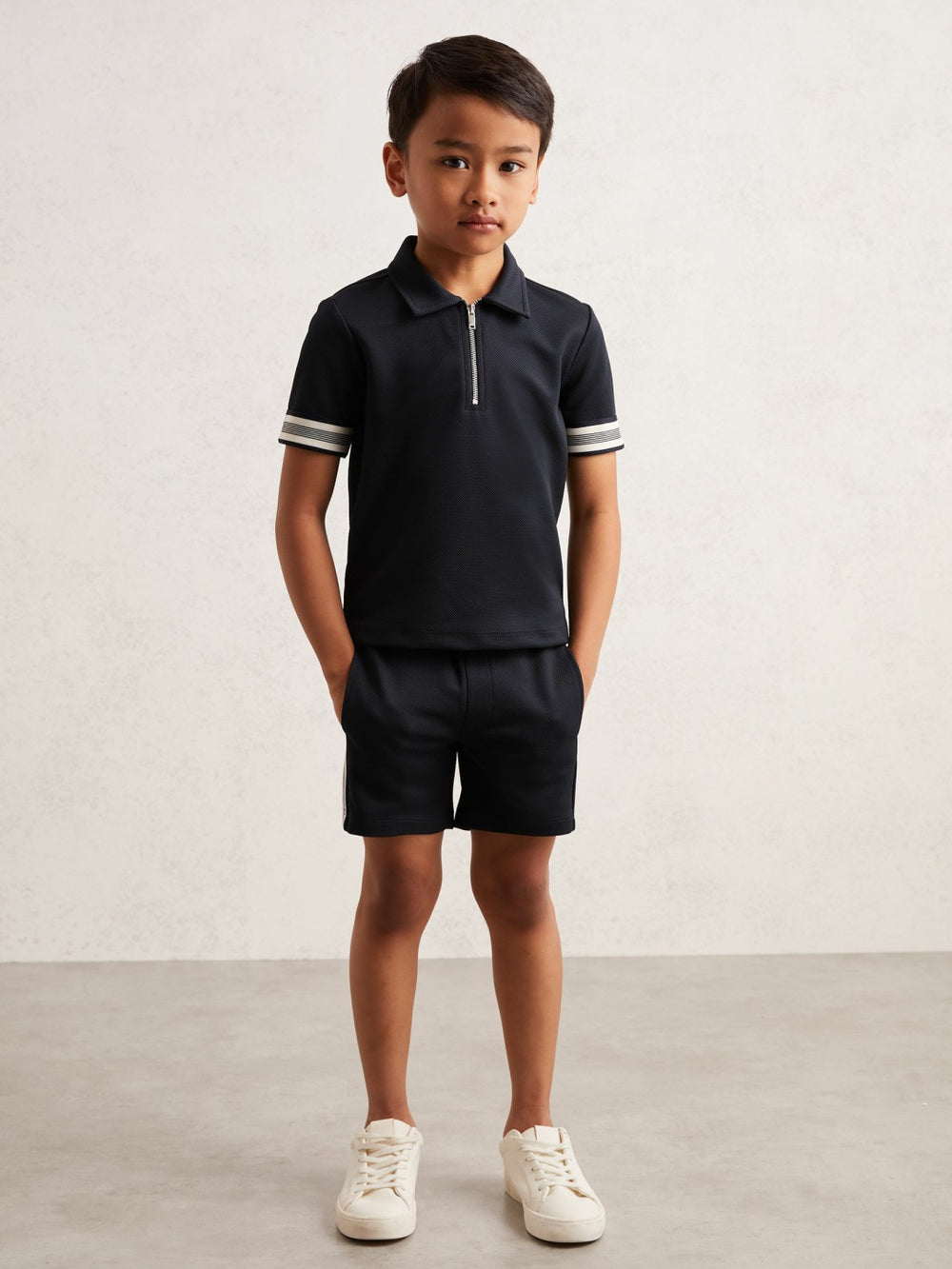 9-13 yrs Textured Half Zip Polo Shirt in Navy Blue