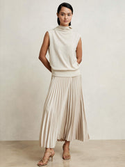 Pleated Midi Skirt in Champagne Neutral