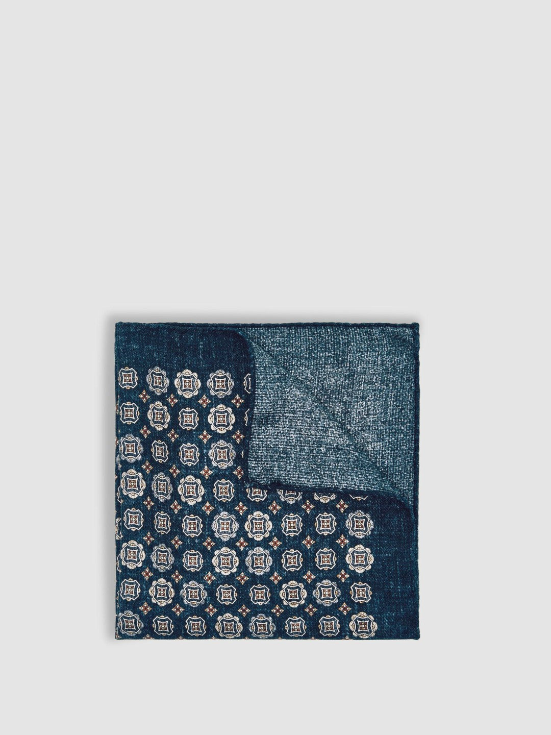 Silk Medallion Print Pocket Square in Indigo Melange