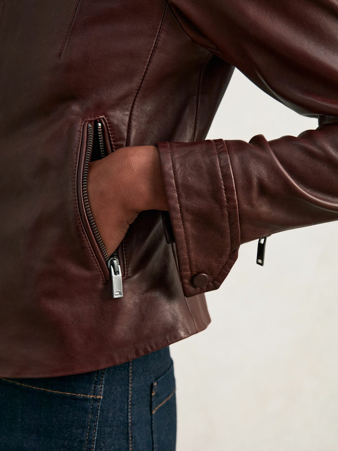 Fitted Leather Biker Jacket in Burgundy