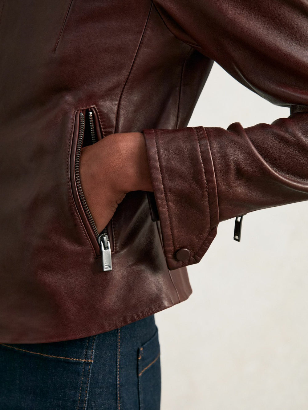 Fitted Leather Biker Jacket in Burgundy