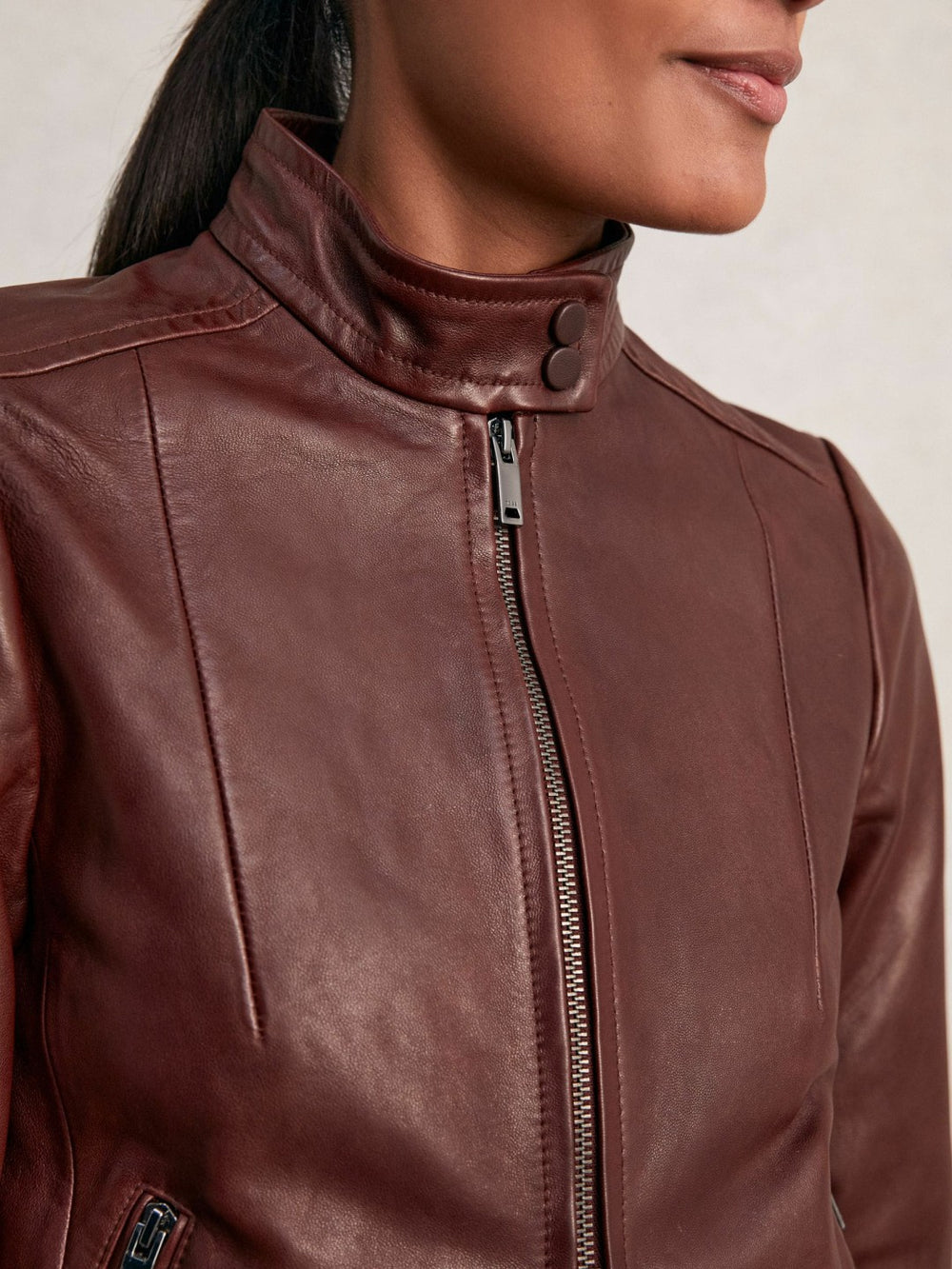 Fitted Leather Biker Jacket in Burgundy
