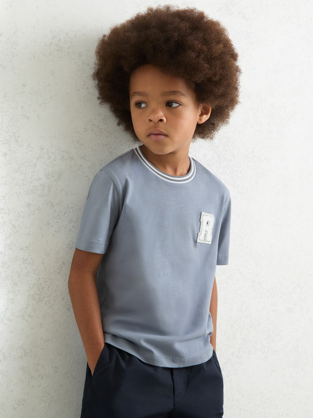 9-13 yrs Cotton Letter Patch T-Shirt in Airforce Blue