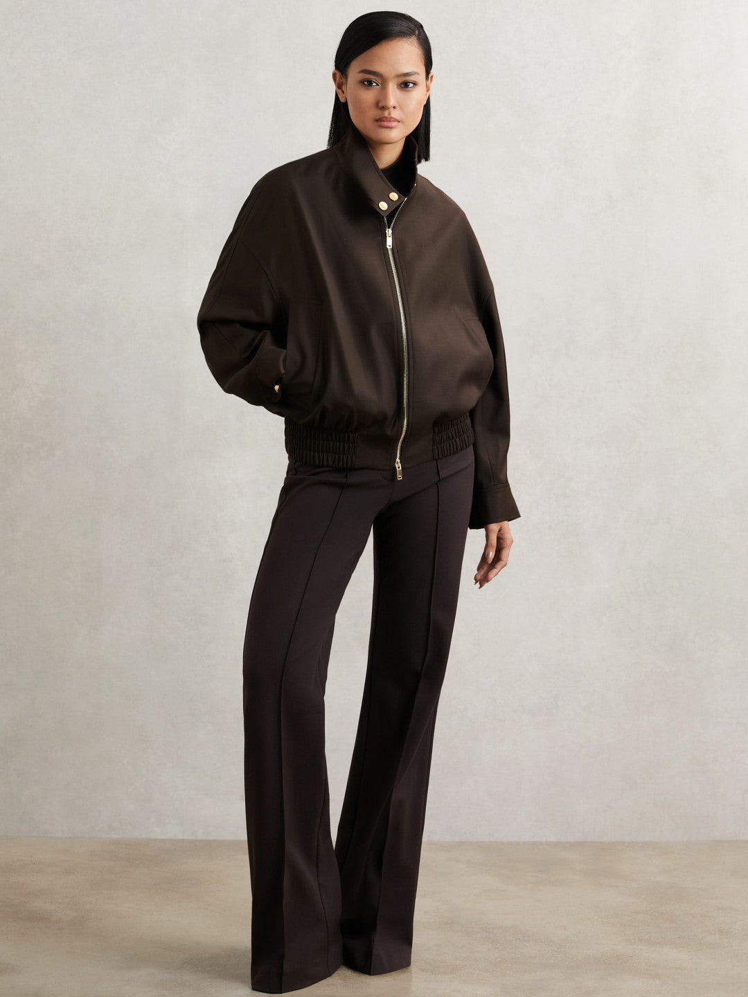 Wool Bomber Jacket in Chocolate Brown