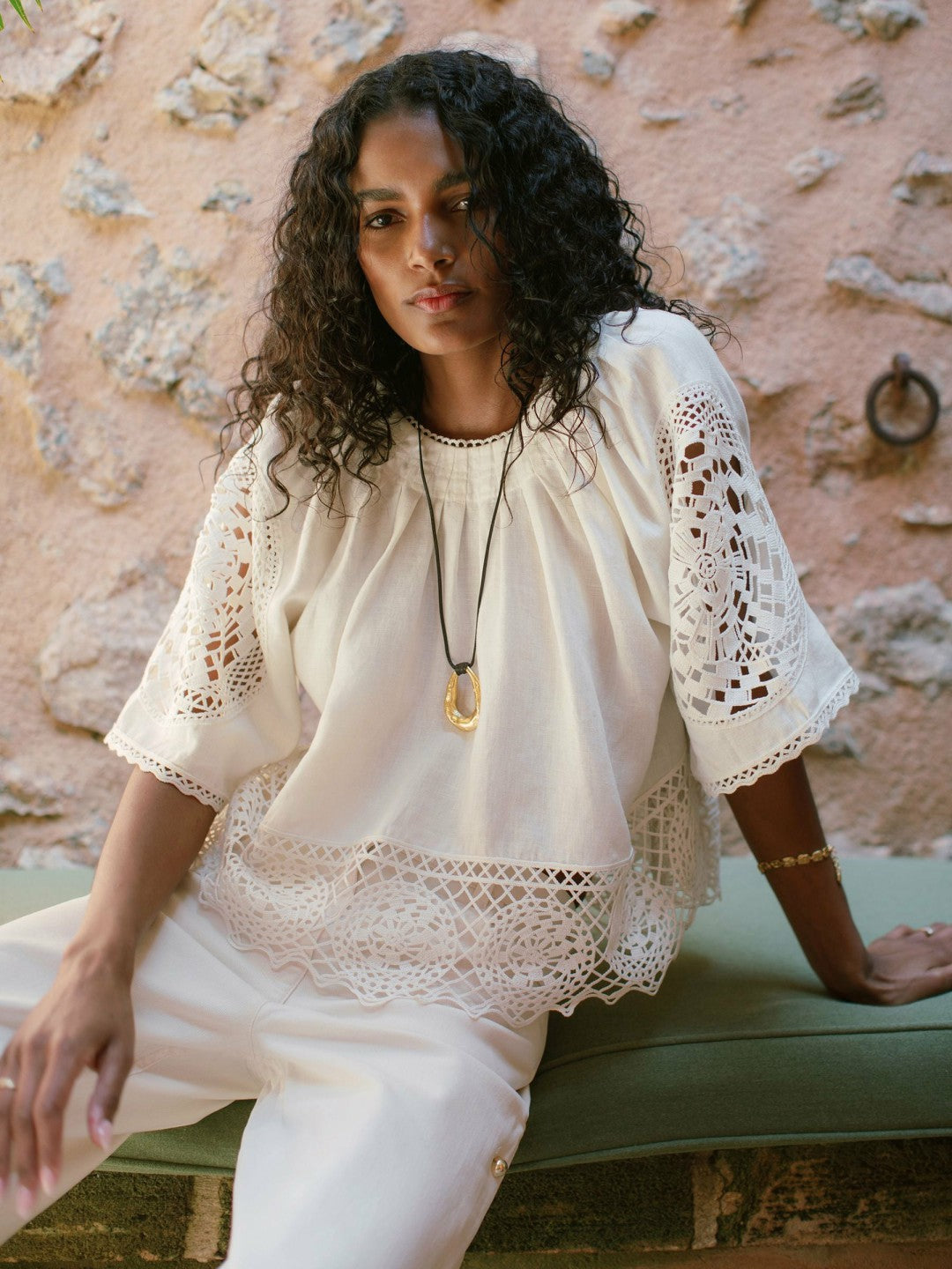 Linen Embroidered Swing Top in Ivory