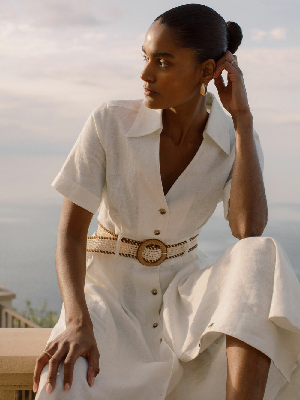 Petite Linen Belted Midi Shirt Dress in Ivory