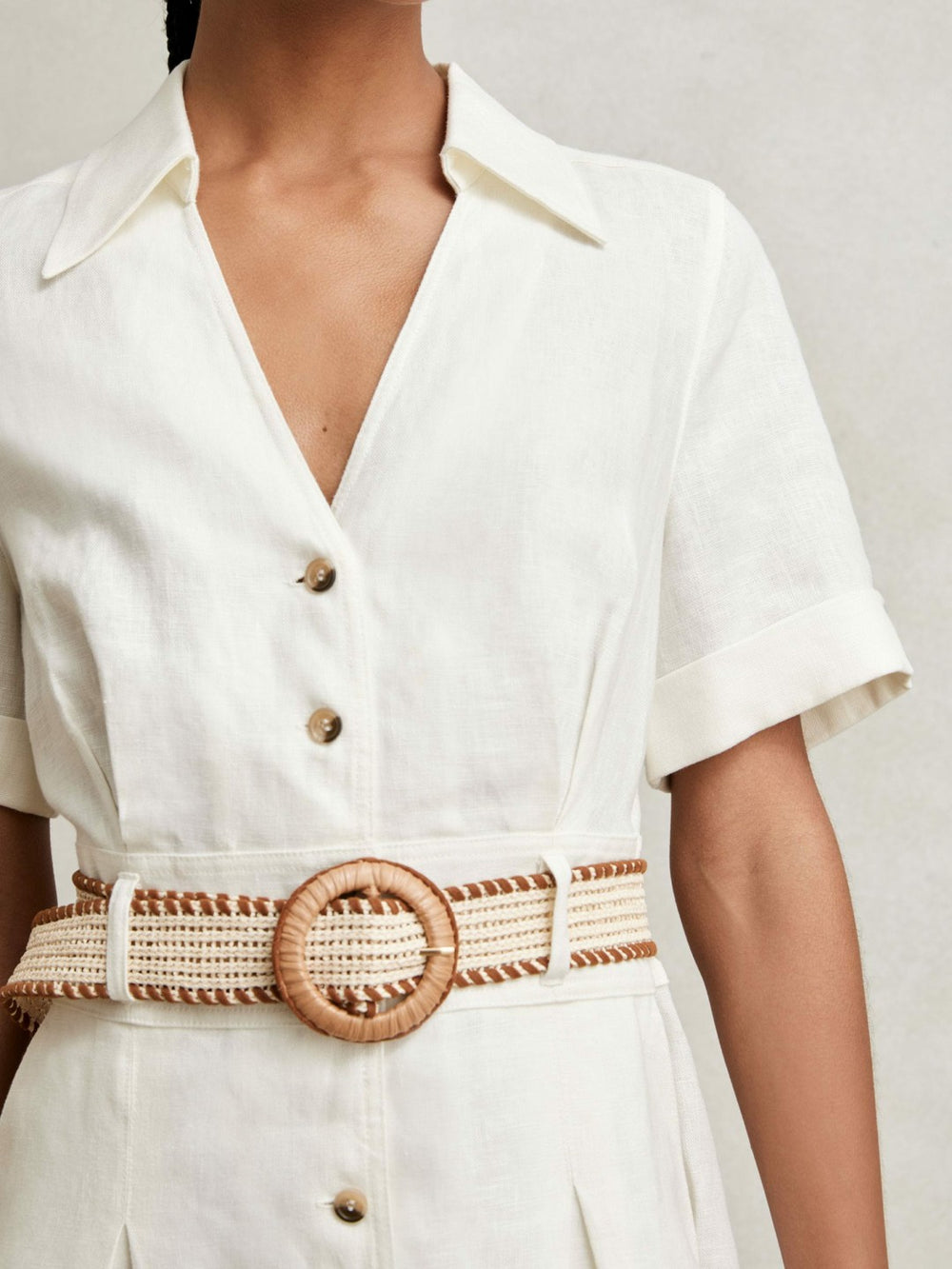 Petite Linen Belted Midi Shirt Dress in Ivory