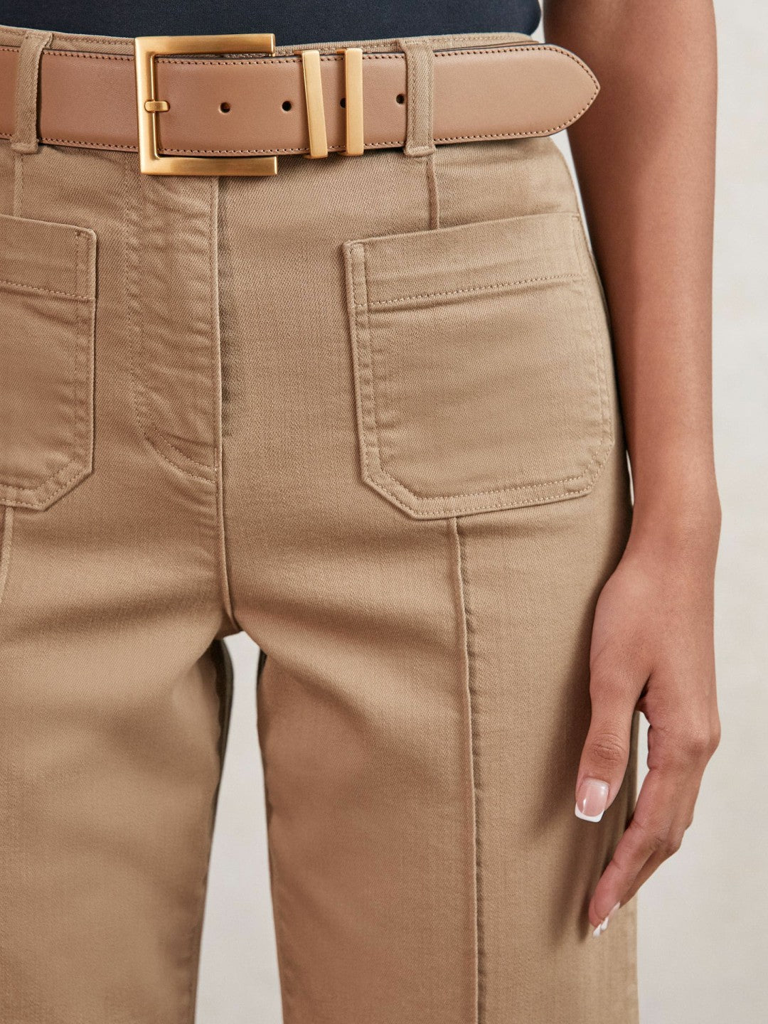Petite Patch-Pocket Flared Jeans in Taupe Neutral