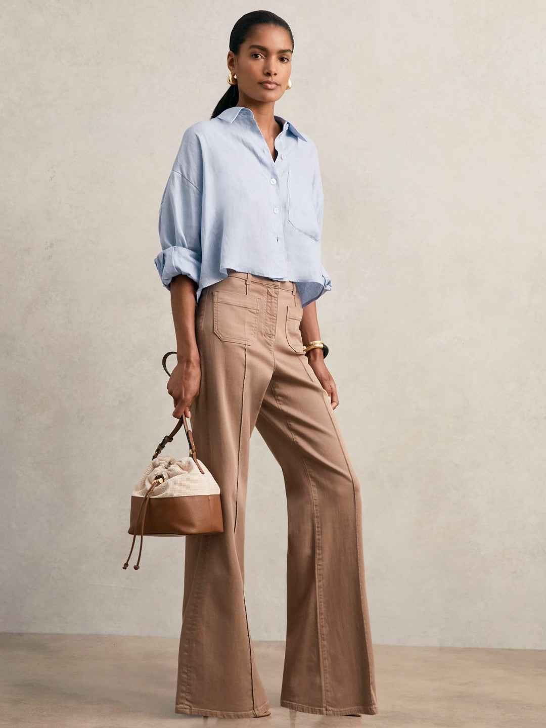 Oversize Linen Cropped Shirt in Blue