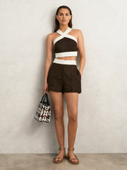 Linen Colourblock Shorts in Chocolate/Cream