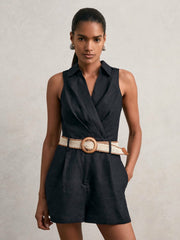 Linen Belted Sleeveless Wrap Playsuit in Navy
