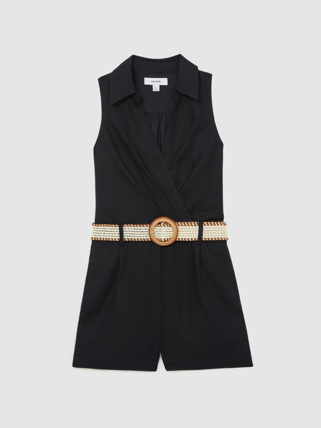 Linen Belted Sleeveless Wrap Playsuit in Navy
