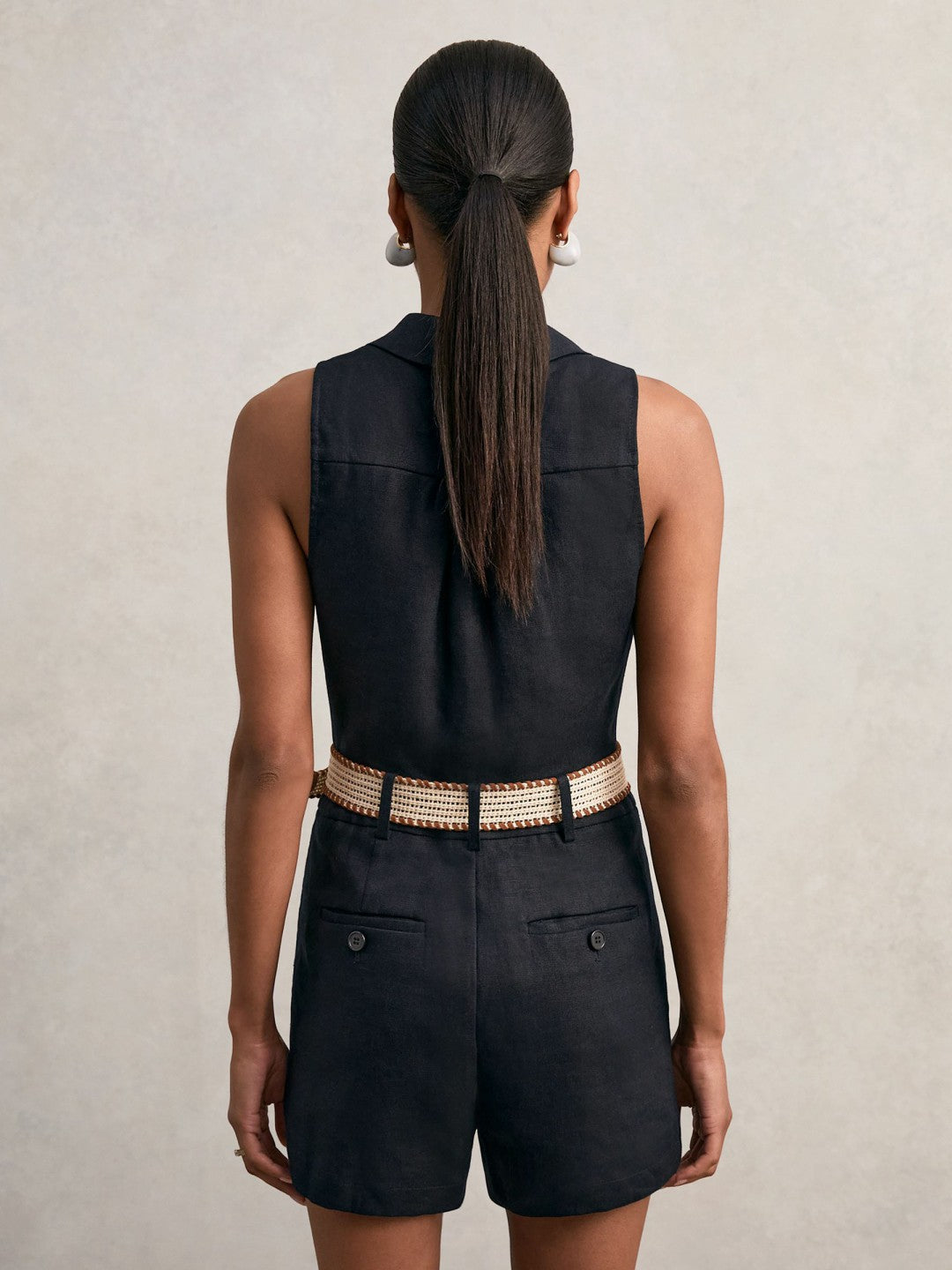 Linen Belted Sleeveless Wrap Playsuit in Navy