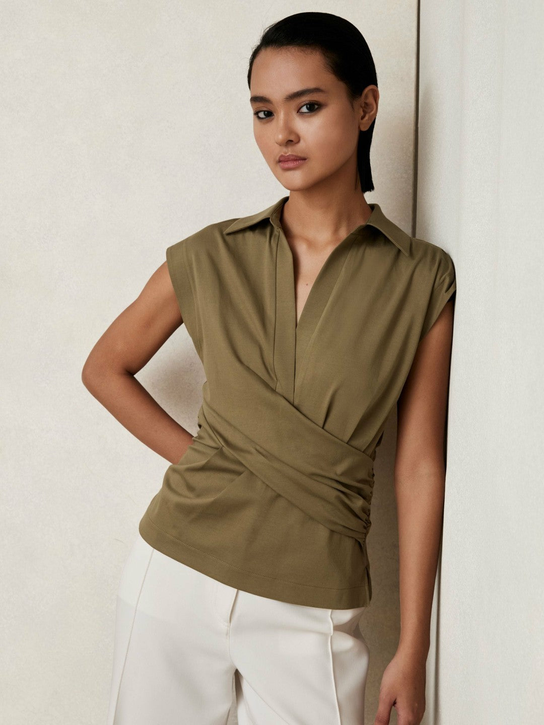 Stretch-Cotton Wrap-Front Collar Top in Khaki Green