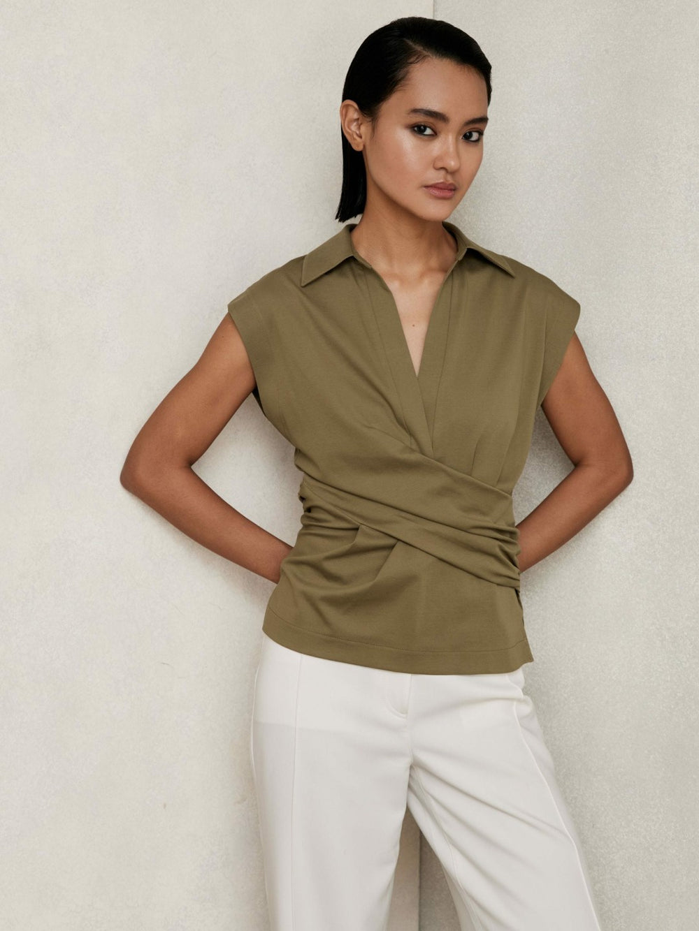 Stretch-Cotton Wrap-Front Collar Top in Khaki Green