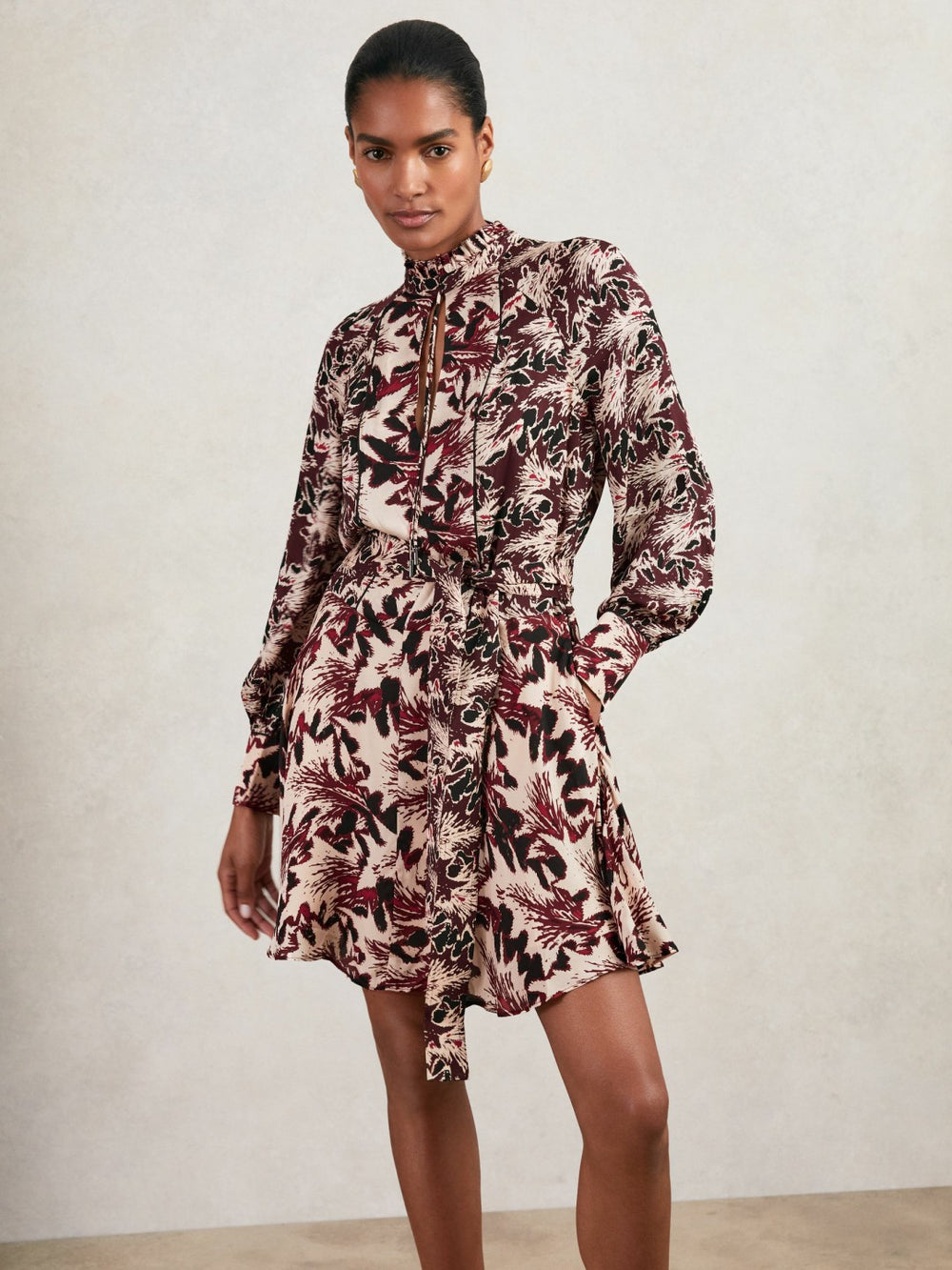Printed Tie-Waist Flippy Mini Dress in Burgundy/Cream