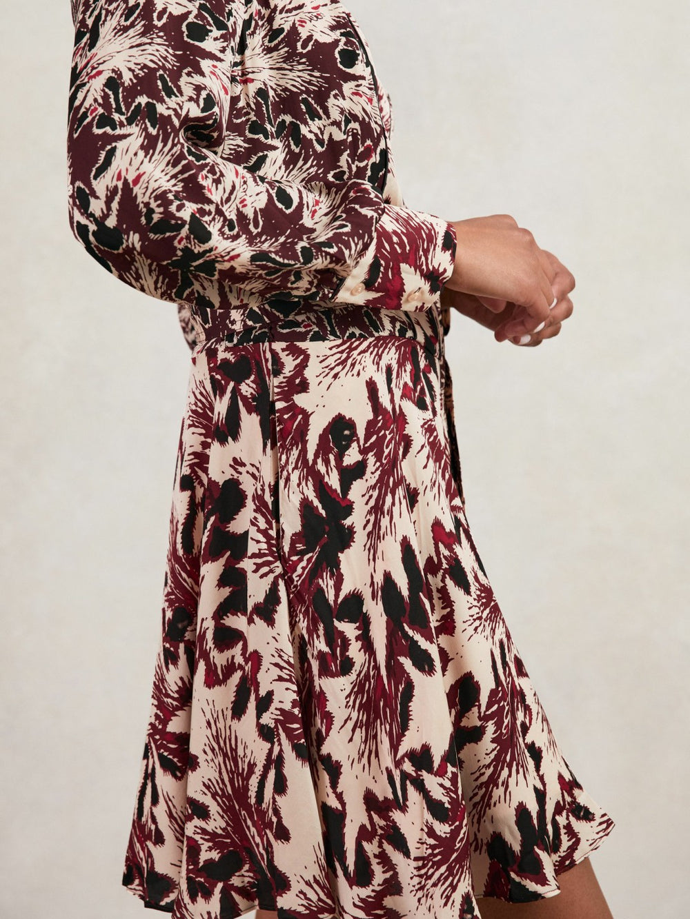 Printed Tie-Waist Flippy Mini Dress in Burgundy/Cream