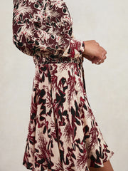 Printed Tie-Waist Flippy Mini Dress in Burgundy/Cream